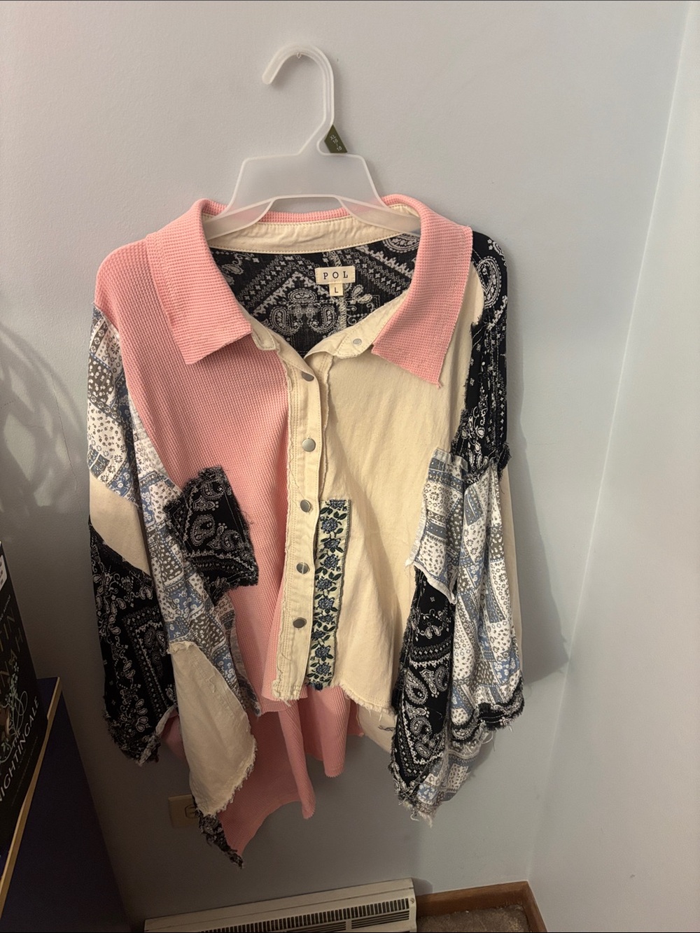 POL Mixed Patchwork Button-Up Shirt in Pink, Cream & Black